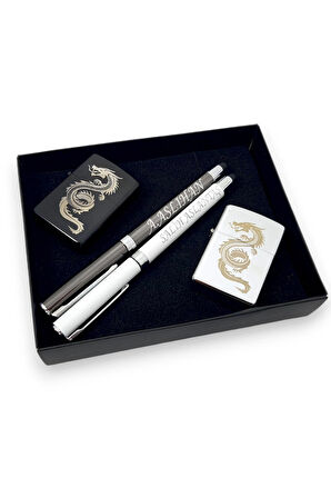 2 İsme Özel Touchpen Tükenmez Kalem 2 Ejderha Desenli Benzinli Çakmak 4 Parça Kişiye Özel Set