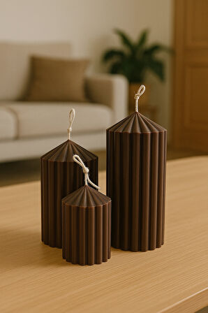 3’lü Oluklu Silindir Dekoratif Mum Seti Kahverengi (Büyük-Orta-Küçük)BÜYÜK boy:15- ORTA boy:12- KÜÇÜK boy:8cm