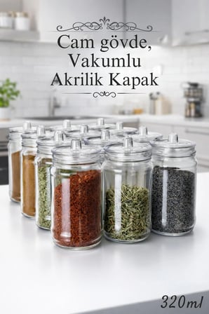 12 Adet Kulplu Ve Vakum Kapaklı Cam Baharatlık Seti