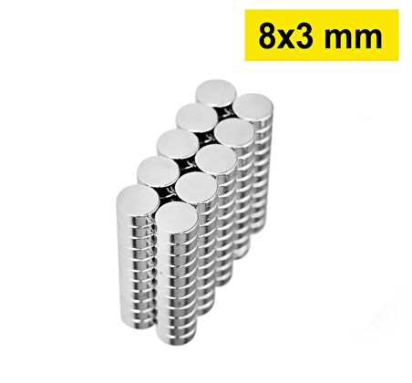 50 Adet 8X3Mm Yuvarlak Neodyum Mıknatıs Güçlü Nikel Kaplamalı Kaliteli Dayanıklı Magnet