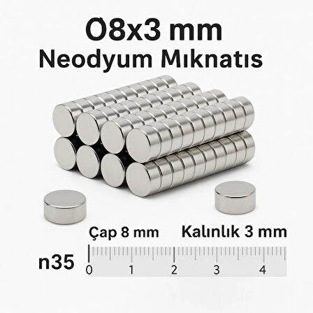 10 Adet 8X3Mm Yuvarlak Neodyum Mıknatıs Güçlü Nikel Kaplamalı Kaliteli Dayanıklı Magnet