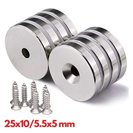 2 Adet 25X10/5X5,5 Mm Neodyum Mıknatıs Havşa Delikli Magnet Vida Atılabilir N35 Nikel Paslanmaz