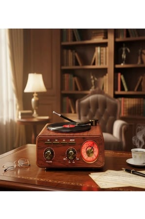 Nostaljik Tasarım Plak Çalar Görünümlü Radyolu Bluetooth Hoparlör Retro Müzik Plak