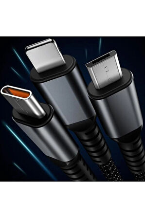 3In1 100W Hızlı Şarj Ve Data Kablosu, 1.2M Halat Örgü Kırılmaz Uç, Usb-C Micro Uyumlu, Dayanıklı Çok
