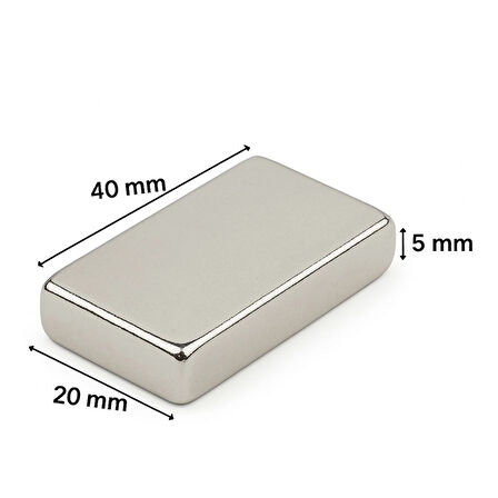 5 Adet 40X20X5Mm Neodyum Magnet Güçlü N35 Mıknatıs Köşeli Nikel Kaplama
