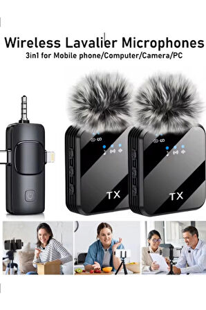 Yüksek Kalite Profesyonel 3 In 1 Kablosuz Taşınabilir Yaka Mikrofonu Tüylü