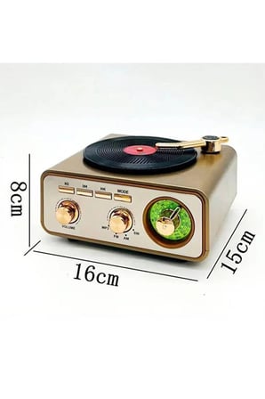 Metalik Nostaljik Tasarım Plak Çalar Görünümlü Radyolu Bluetooth Hoparlör Retro Müzik Plak