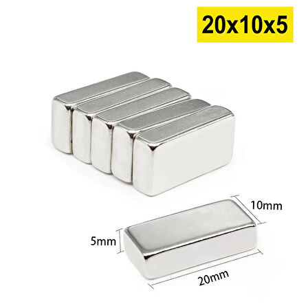 5 Adet 20X10X5 Mm Neodyum Magnet N35 Güçlü Mıknatıs Köşeli Ve Dayanıklı Nikel Kaplama