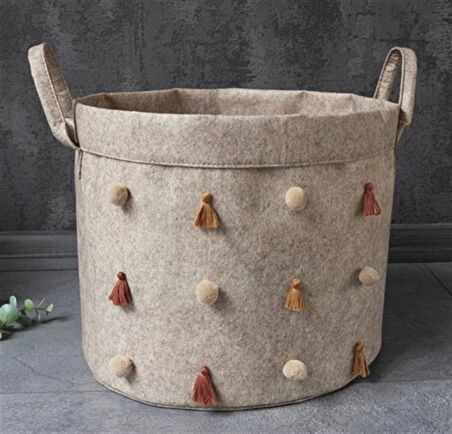 Katlanabilir Çok Amaçlı Ponponlu Yuvarlak Düzenleyici Saklama Kutusu Organizer Keçe (Mini Boy) - 037