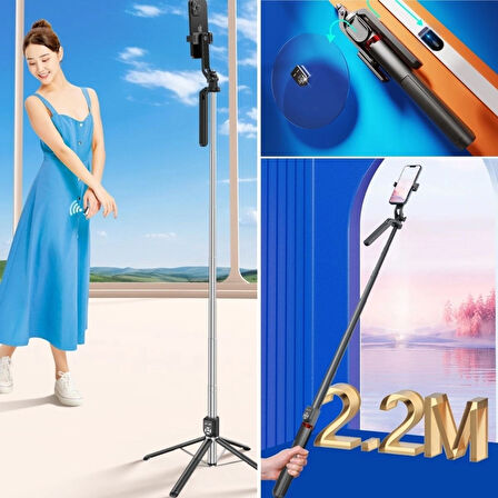 Kumandalı 360 Derece Dönebilen Cep Telefonu Ve Kamera Tripodu 2.2M Uzayabilen Selfie Çubuğu