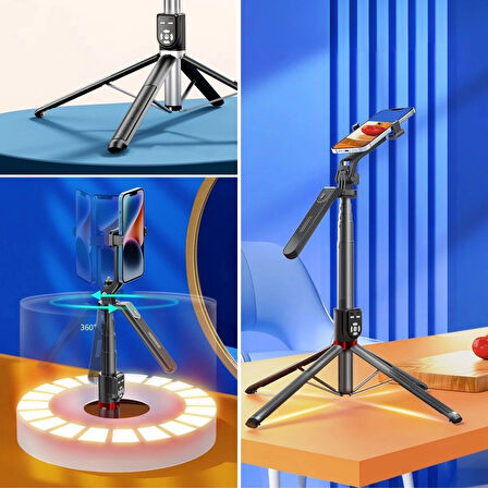 Kumandalı 360 Derece Dönebilen Cep Telefonu Ve Kamera Tripodu 2.2M Uzayabilen Selfie Çubuğu