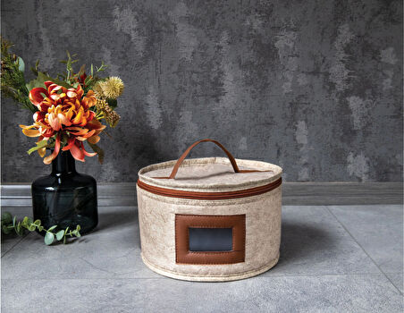 Deri Şeritli Pencereli Yuvarlak Çok Amaçlı Düzenleyici Organizer Kutu Keçe Çanta (Mini)