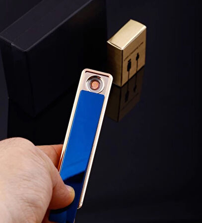 Şık Görünümlü Usb Şarjlı Rezistanslı İnce Slim Metal Çakmak (Mavi)