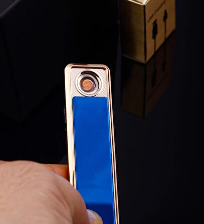 Şık Görünümlü Usb Şarjlı Rezistanslı İnce Slim Metal Çakmak (Mavi)