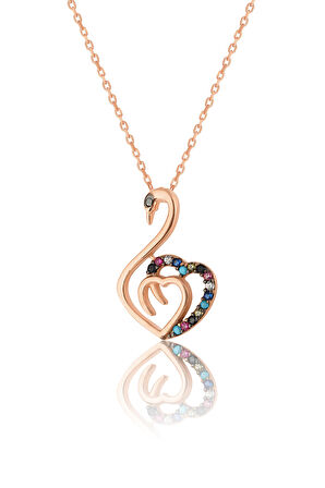925 ayar Gümüş, Rose kaplama Mix taşlı Kalp figürlü Kuğu kolye...