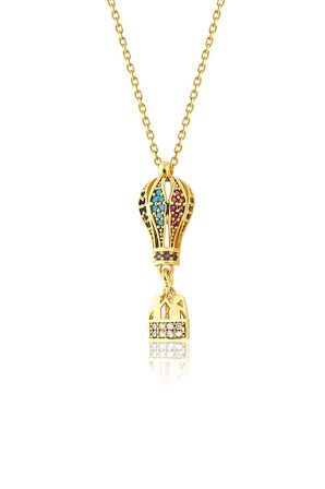 925 Ayar Gümüş Zincirli Altın kaplama Damla Temalı Renkli Taşlı Balon Kolye