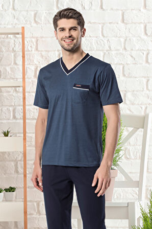 Kly V Yaka Kısa Kollu Çok Rahat Desenli Damat Pijama Takımı