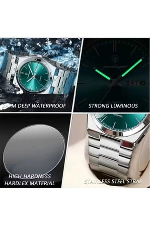 Lüks Metal Erkek Kol Saati 40 mm Su yeşili Kadran Quartz Analog 3ATM Su Geçirmez