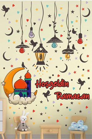 Ramazan Renkli Fener Sarkıt Cam Duvar Dekorasyon Sticker Seti Ramazan Süsü Ramazan Sticker