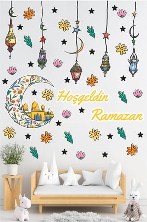Hoşgeldin Ramazan Çocuk Odası Duvar Sticker Seti - Kandil, Ay ve Yıldız Çıkartmaları Ramazan Sticker