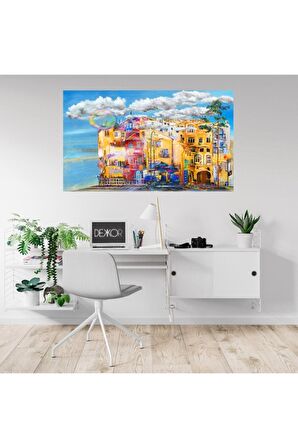 Yağlı Boya Görünümlü Renkli Evler Kanvas Kanvas Canvas Tablo