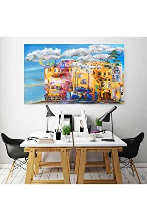 Yağlı Boya Görünümlü Renkli Evler Kanvas Kanvas Canvas Tablo