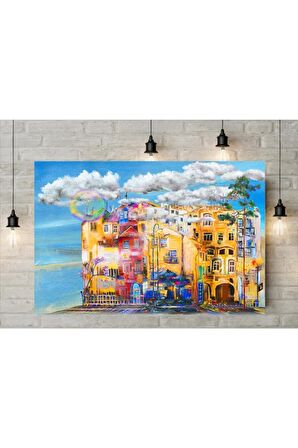 Yağlı Boya Görünümlü Renkli Evler Kanvas Kanvas Canvas Tablo