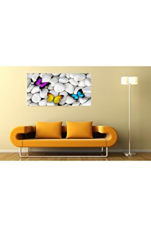 Beyaz Çakıl Taşları Renkli Kelebekler Kanvas Kanvas Canvas Tablo