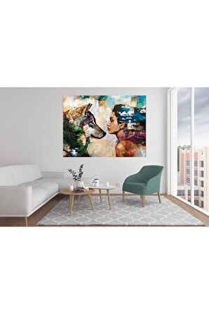 Yağlı Boya Görünümlü Kurt Ve Kız Kanvas Kanvas Canvas Tablo