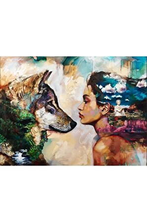 Yağlı Boya Görünümlü Kurt Ve Kız Kanvas Kanvas Canvas Tablo