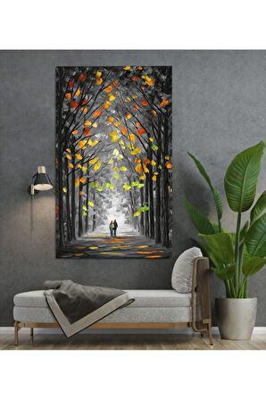 Sonbaharda Düşen Yapraklar Ve Yürüyen Çift Kanvas Gülen Tablo