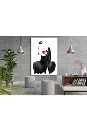 Siyah Beyaz Kadın Kanvas Gülen Tablo