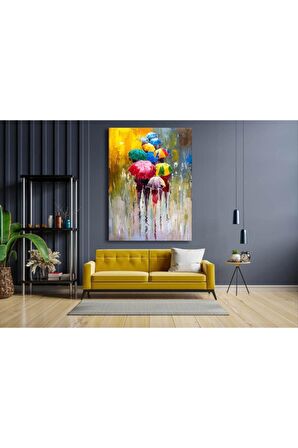 Yağlı Boya Görünümlü Yağmurda Renkli Şemsiyeler Ve Insanlar Kanvas Kanvas Canvas Tablo