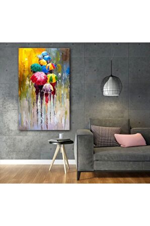 Yağlı Boya Görünümlü Yağmurda Renkli Şemsiyeler Ve Insanlar Kanvas Kanvas Canvas Tablo