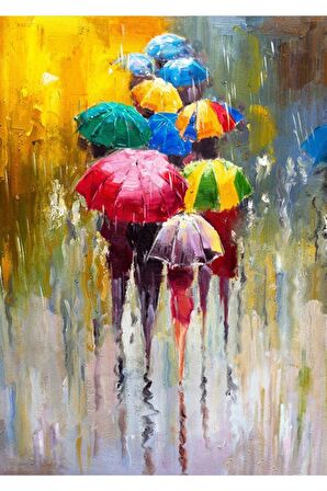 Yağlı Boya Görünümlü Yağmurda Renkli Şemsiyeler Ve Insanlar Kanvas Kanvas Canvas Tablo