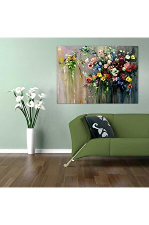 Yağlı Boya Görünümlü Modern Çiçekler Kanvas Gülen Tablo