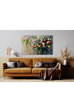 Yağlı Boya Görünümlü Modern Çiçekler Kanvas Gülen Tablo