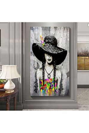 Yağlı Boya Görünümlü Sanatsal Şapkalı Kız Kanvas Kanvas Canvas Tablo