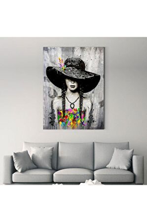 Yağlı Boya Görünümlü Sanatsal Şapkalı Kız Kanvas Kanvas Canvas Tablo