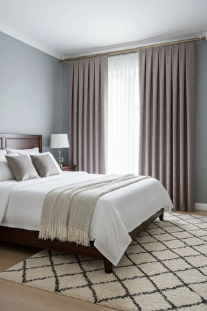 Bohem Ponponlu Koyu Bej Fon Perde 1x3 Sık Pile | Salon, Çocuk Odası Bohem Fon Perde