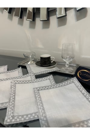 Kokteyl Peçetesi, Gümüş Nakışlı Kare Özel Seri Kahve Tepsisi Peçeteliği,6'lı Sunumluk Peçetesi