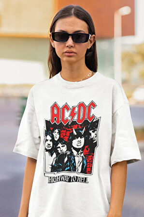 Rock Metal Müzik Grubu AC DC Baskılı Unisex Tişört, Oversize Highway To Hell Tişört
