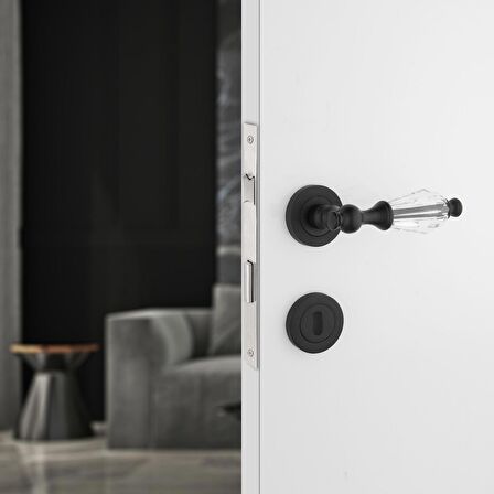 Topkapı Kristal Cam Rozetli Siyah Oda Kapı Kolu Koldoor 4 Takım