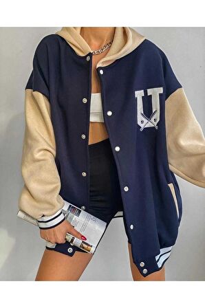 Usa Nakışlı Oversize Unisex Kolej Ceket