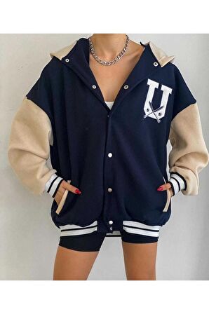 Usa Nakışlı Oversize Unisex Kolej Ceket