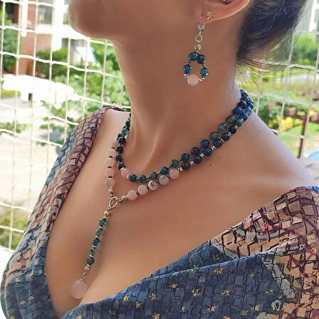 Pembe Kuvars Kolye, Sallantılı Kolye Küpe Set, Doğaltaş Pembe Kolye, Özel Tasarım Hediye, Kolye Küpe Seyt