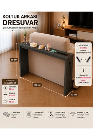 Café Royale Vintage & USB-Tech Konsol Raf - 3 USB + 4 Priz Girişli MDF Koltuk Arkası Raf Dresuar Antrasit 100x85x12