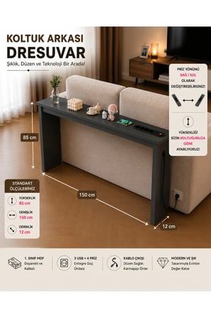 Café Royale Vintage & USB-Tech Konsol Raf - 3 USB + 4 Priz Girişli MDF Koltuk Arkası Raf Antrasit 150x85x12