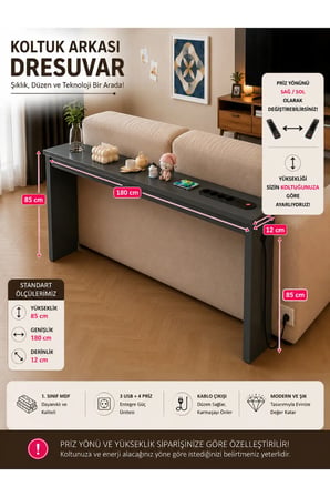 Café Royale Vintage & USB-Tech Konsol Raf - 3 USB + 4 Priz Girişli MDF Koltuk Arkası Raf Antrasit 180x85x12