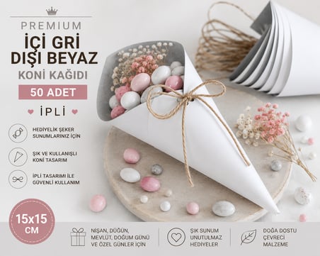 Premium Önü Beyaz Arkası Gri Koni Kağıdı 50 Adet | İpli Hediyelik İkram ve Şeker Sunum Külahı